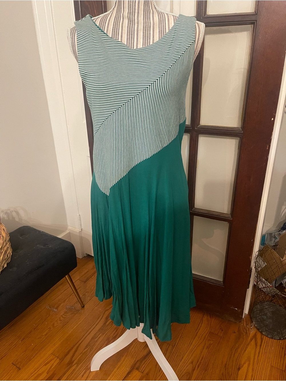 Maeve Emerald  Green and White Striped A-Line Dress from Anthropologie